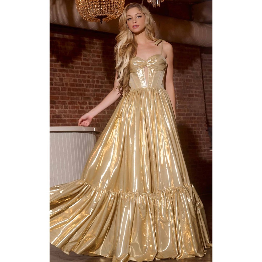 Jovani Metallic‎ Lamé Tie-Strap Boho Gown Size 4